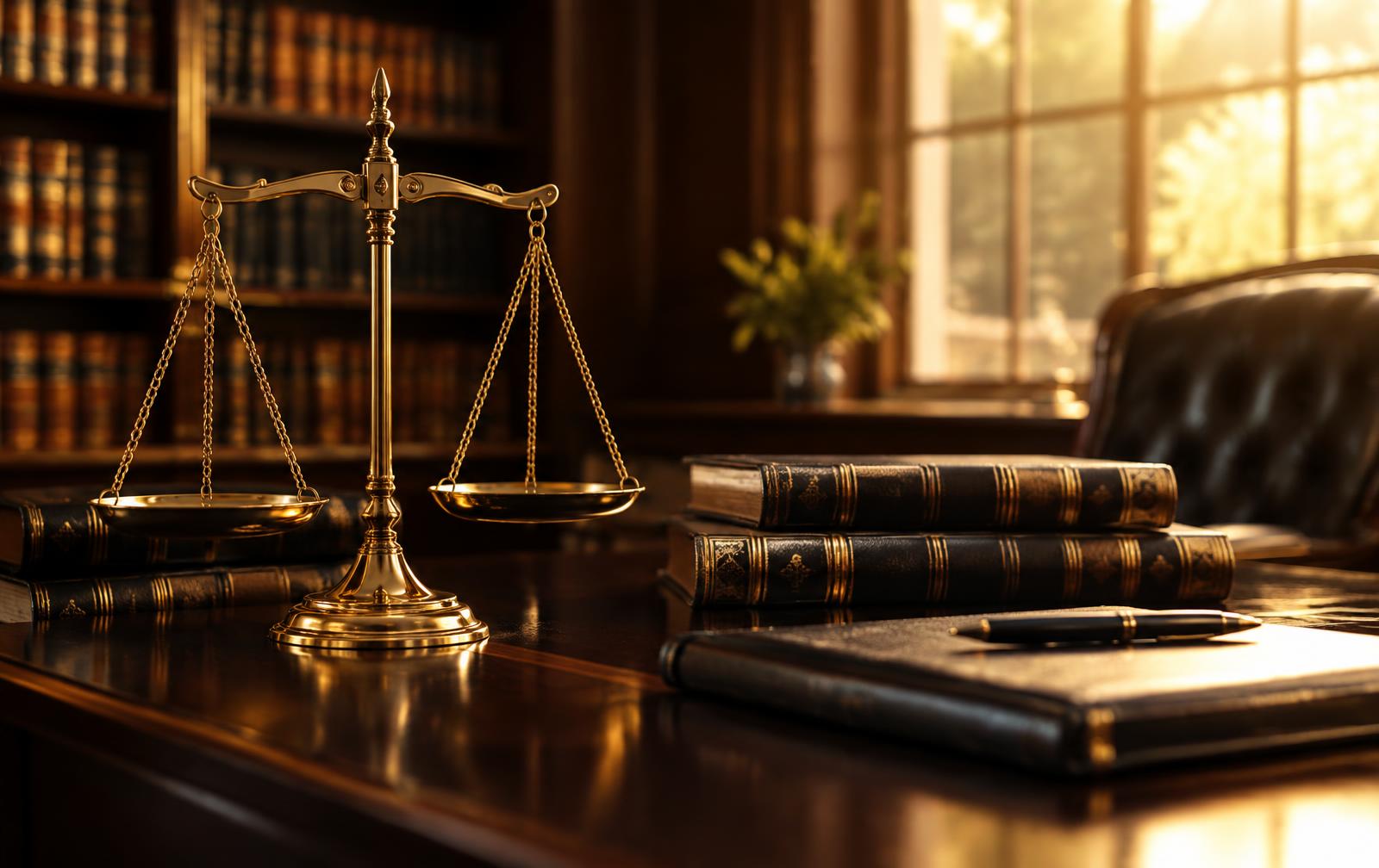 Scales of justice and law books in an Arcadia law office